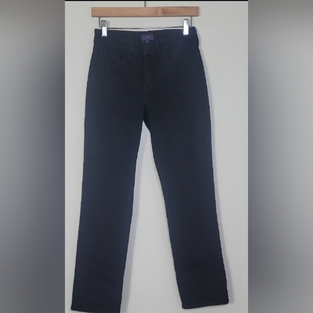 NYDJ Womens Straight Leg Black Jeans Size 2P Stretch Mid Rise Denim Lift Tuck